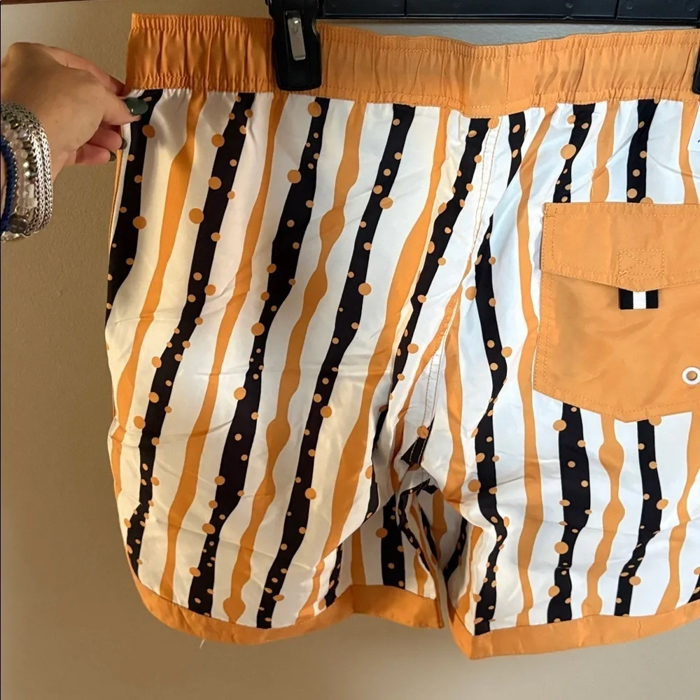 NWT men’s Stylish Orange and Black Striped Swim trunks Shorts size Large
